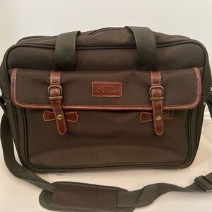 Samantha Brown SAM Briefcase Laptop leather trim bag 16x12x6 Green Brown
